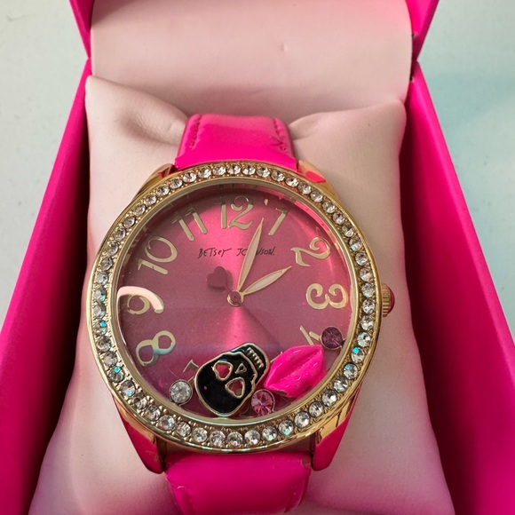 Betsey Johnson Accessories - BETSEY JOHNSON Watch Floating Charms With Rhinestones & Pink Strap NWT Gothcore
